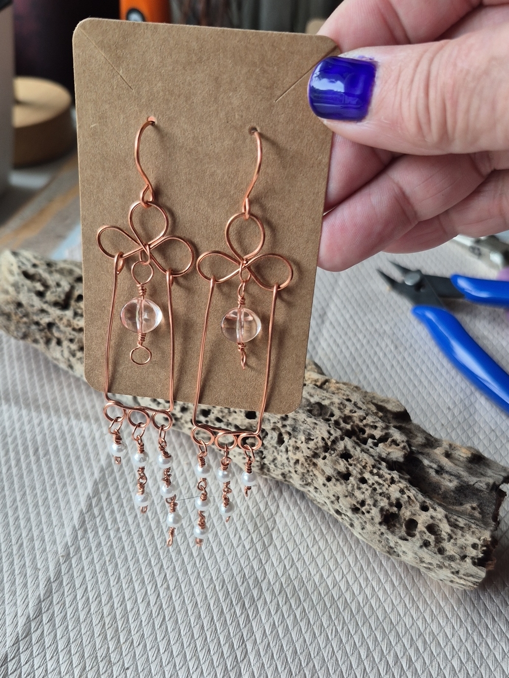 Handcrafted Copper Wire Flower Dangle Earrings with Clear Beads